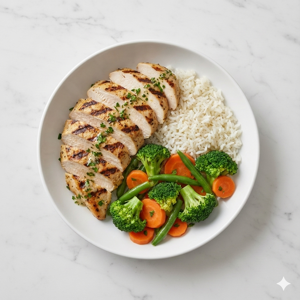 Bol poulet grillé sans la peau, riz jasmin et légumes (brocoli, carotte, haricot) vapeur