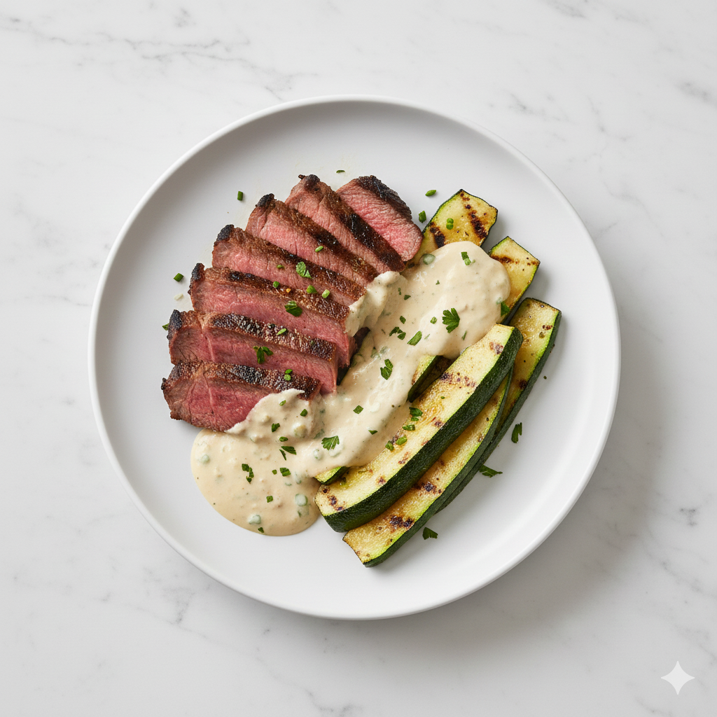 Steak, courgettes grillées et sauce crémeuse