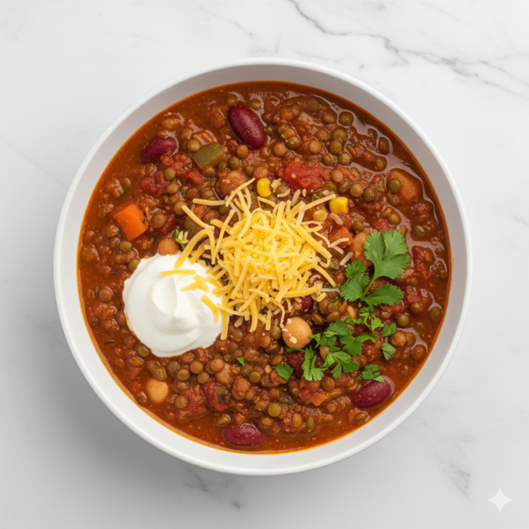 Chili aux lentilles, haricots et légumes avec de la crème sûre et du cheddar doux marbré râpé