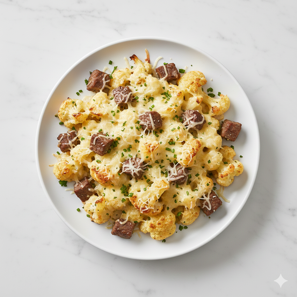 Chou-fleur gratiné au fromage et cubes de boeuf