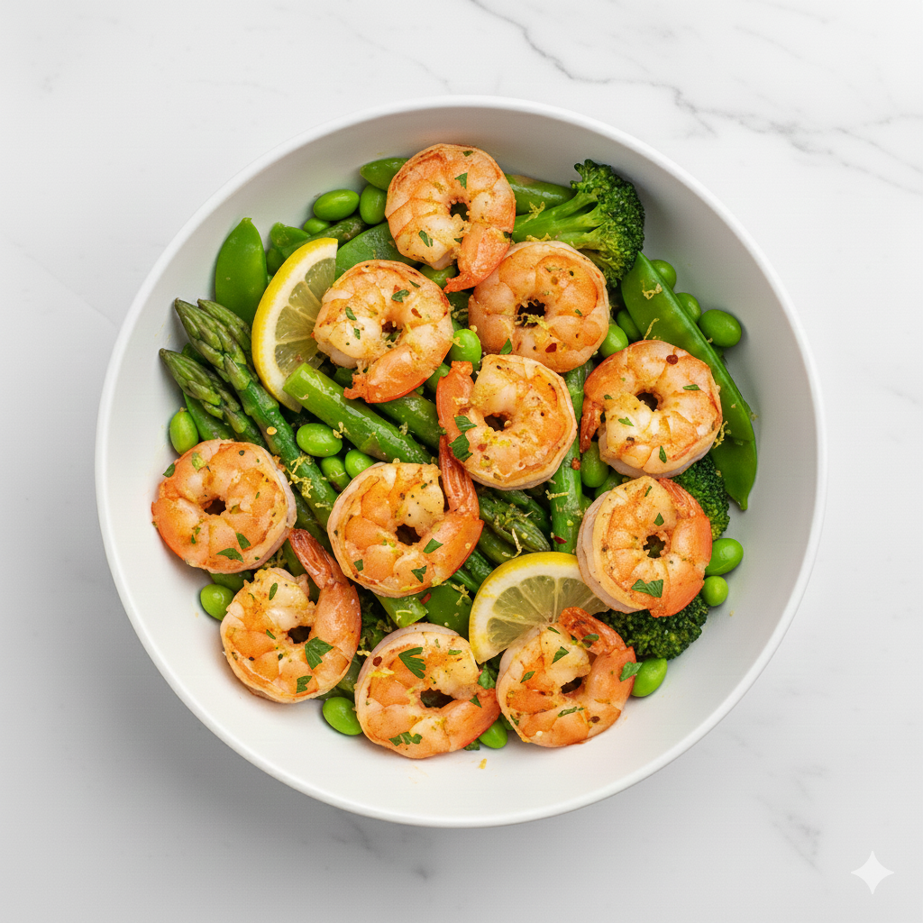 Des crevettes sautées au beurre et au citron avec des asperges, des brocolis et des haricots verts