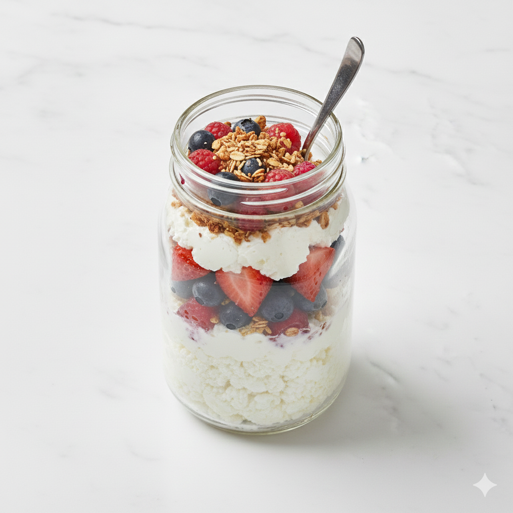 Pot masson de Fromage cottage, fraises, bleuets, framboises et un peu de granola