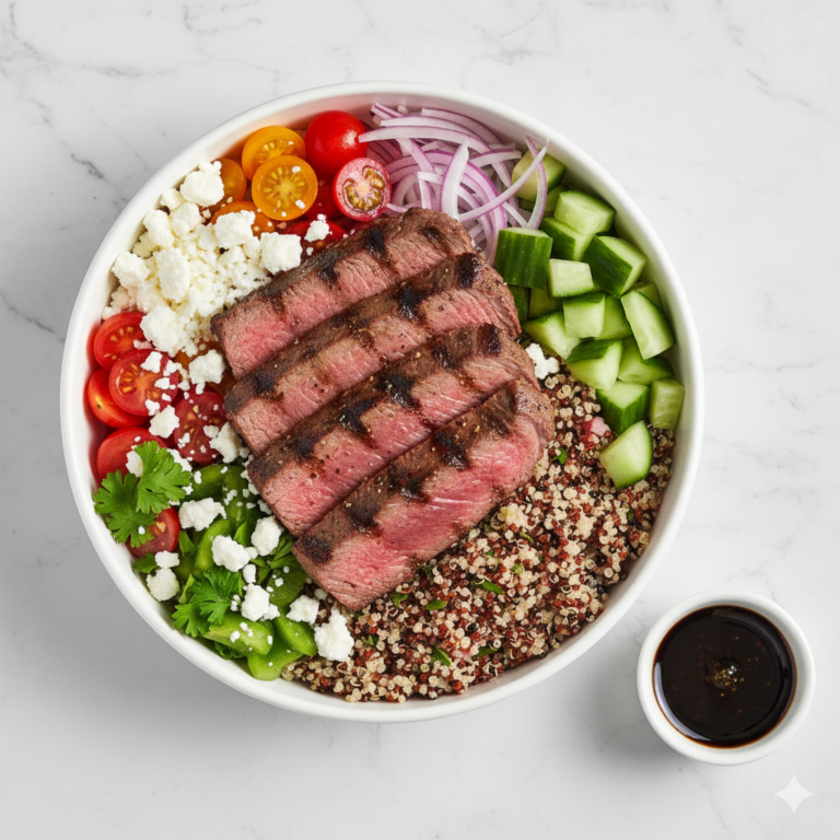 Une salade-repas style méditerranéenne avec steak grillé, quinoa et vinaigrette blasamique