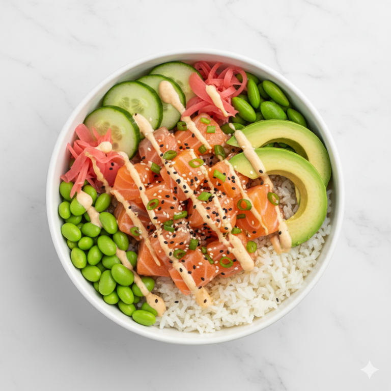 Bol poke saumon, avocat, edamame, concombre, mayonnaise épicée et riz vinaigré