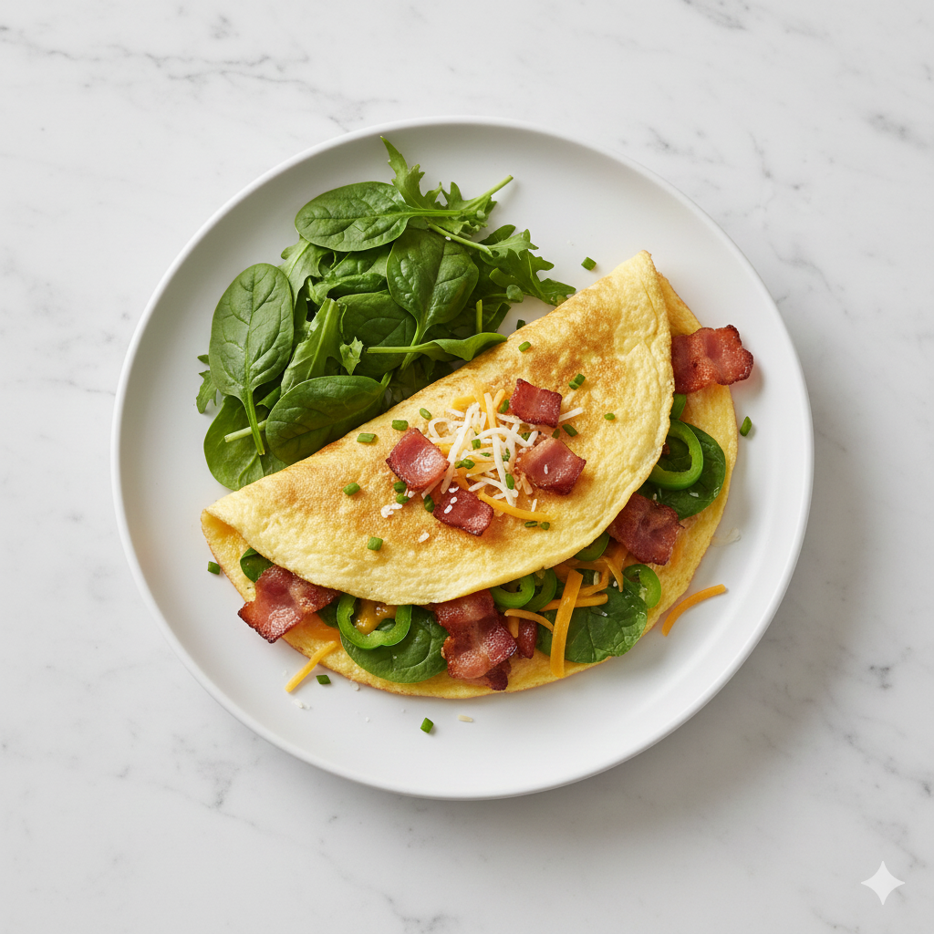 Omelette bacon, fromage, poivrons et épinards.