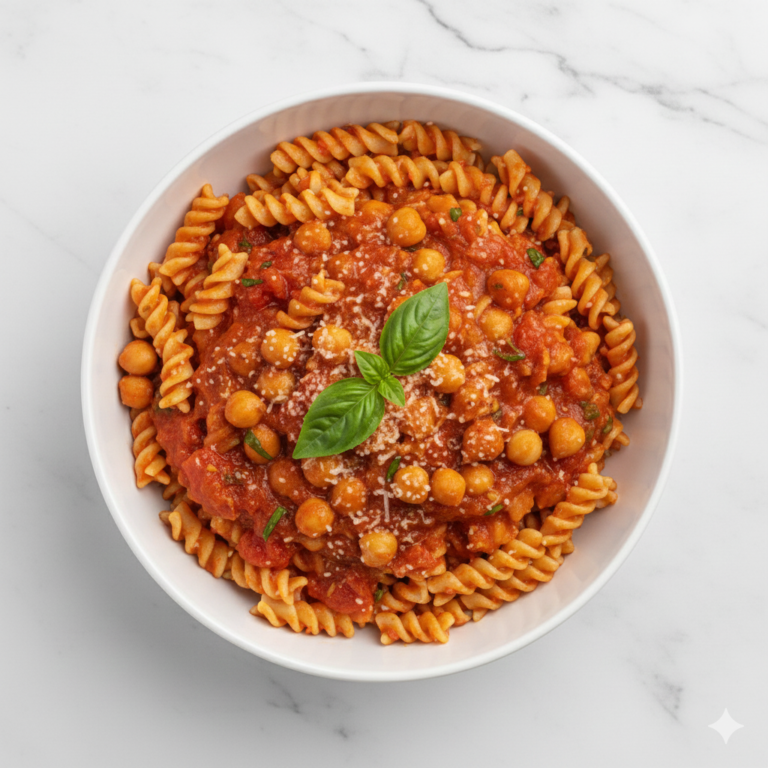 Pâtes de blé entier à la sauce tomate maison et pois chiches