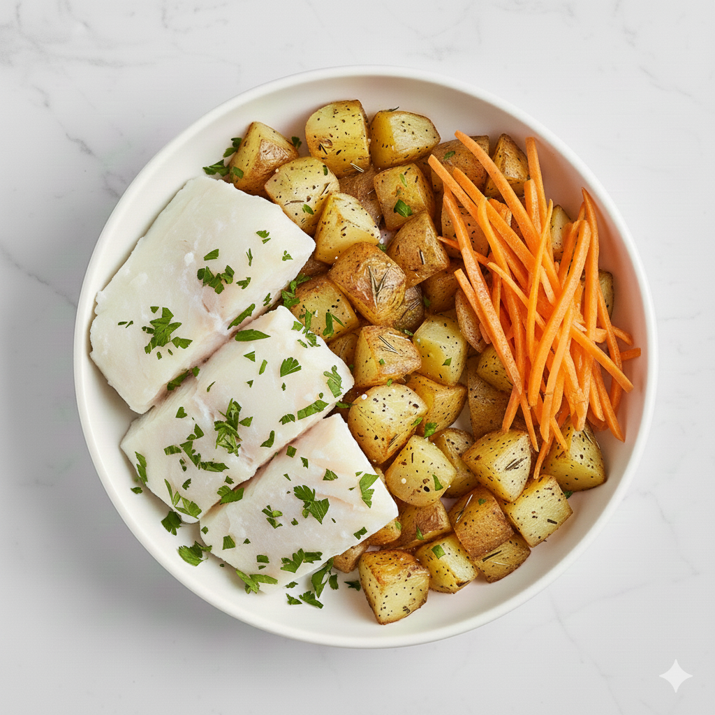 Poisson blanc vapeur, pommes de terre, salade de carotte en julienne et persil