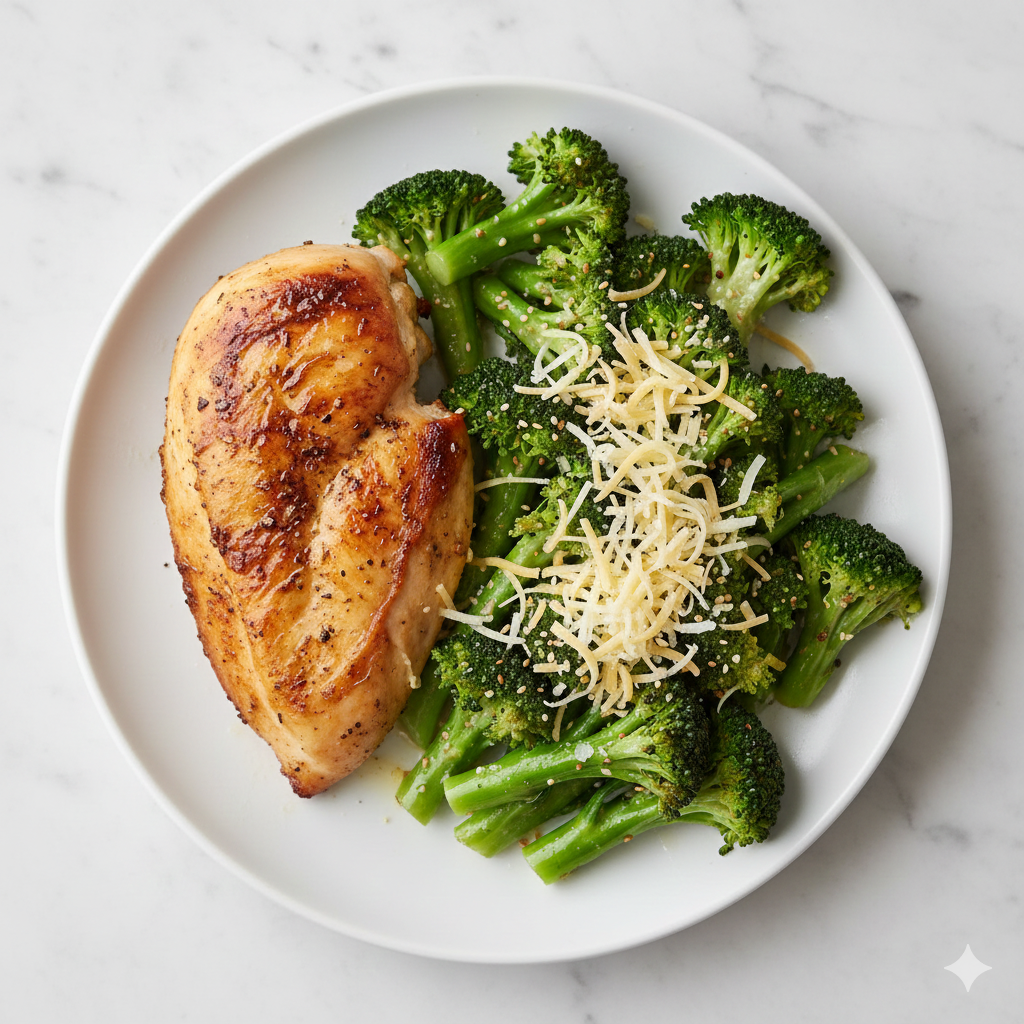 Poulet rôti, brocoli beurré et fromage
