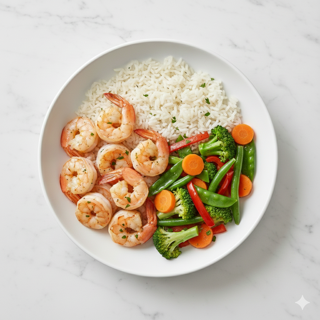 Sauté de crevettes nature, riz et légumes (brocoli, carotte, poivron, haricot) vapeur