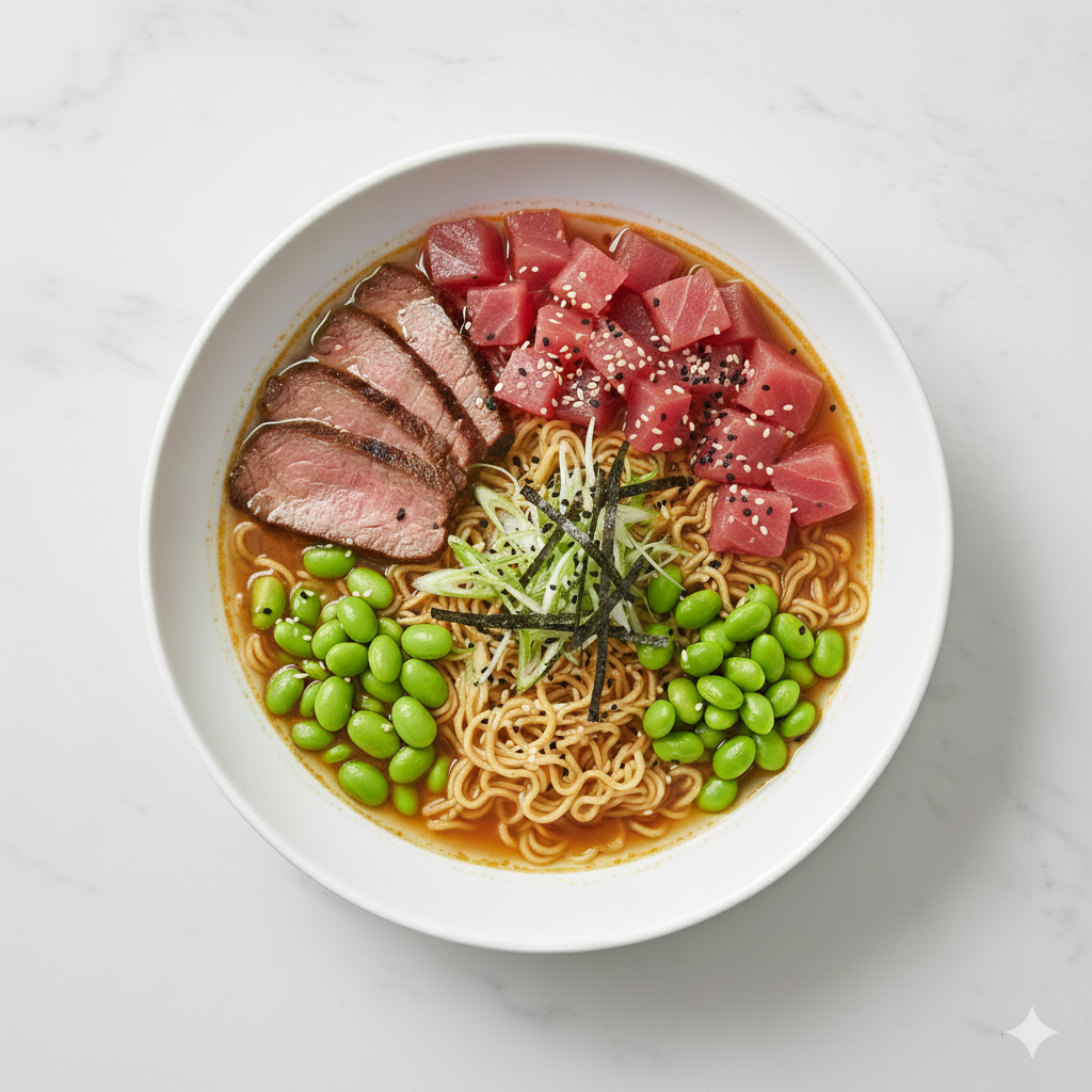 Soupe ramen style bol poke avec des nouilles, des edamames, des cubes de thon, des tranches de steak et une échalote ciselée.