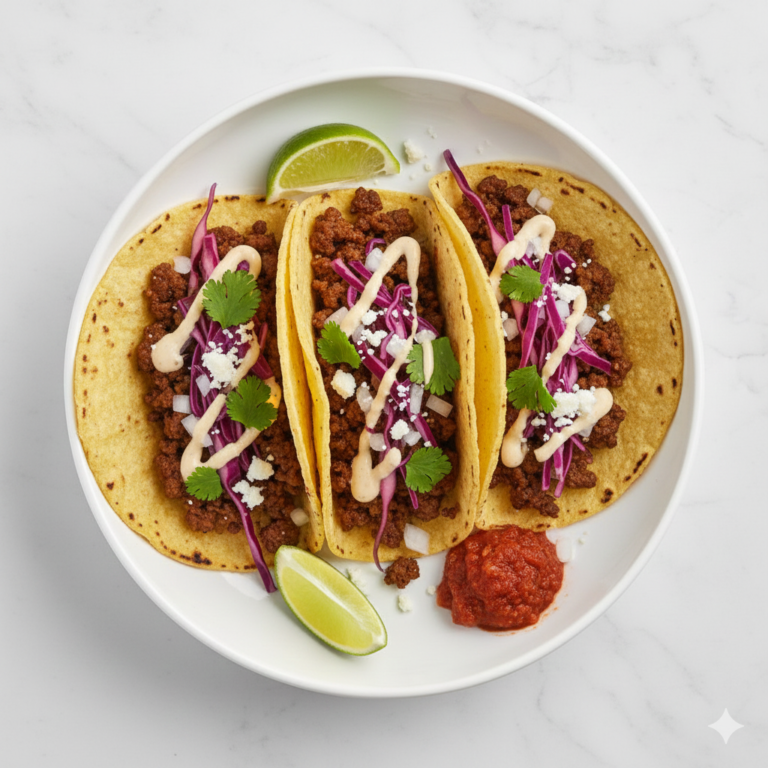 Des tacos de tortillas de maïs au bœuf, chou rouge et mayonnaise fumée