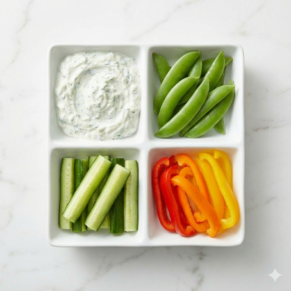 Tzatziki, pois mange-tout, concombres et poivrons colorés