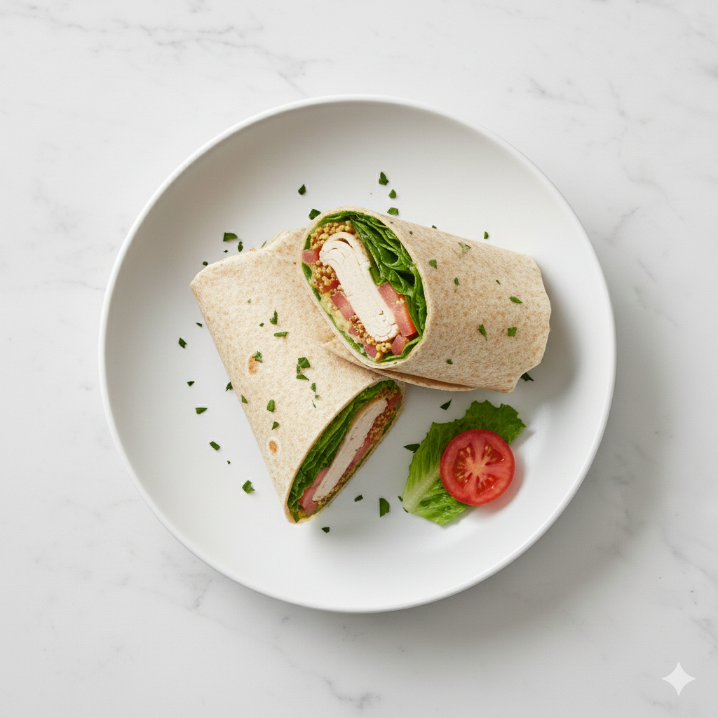 Wrap de dinde maigre, laitue, tomate et moutarde